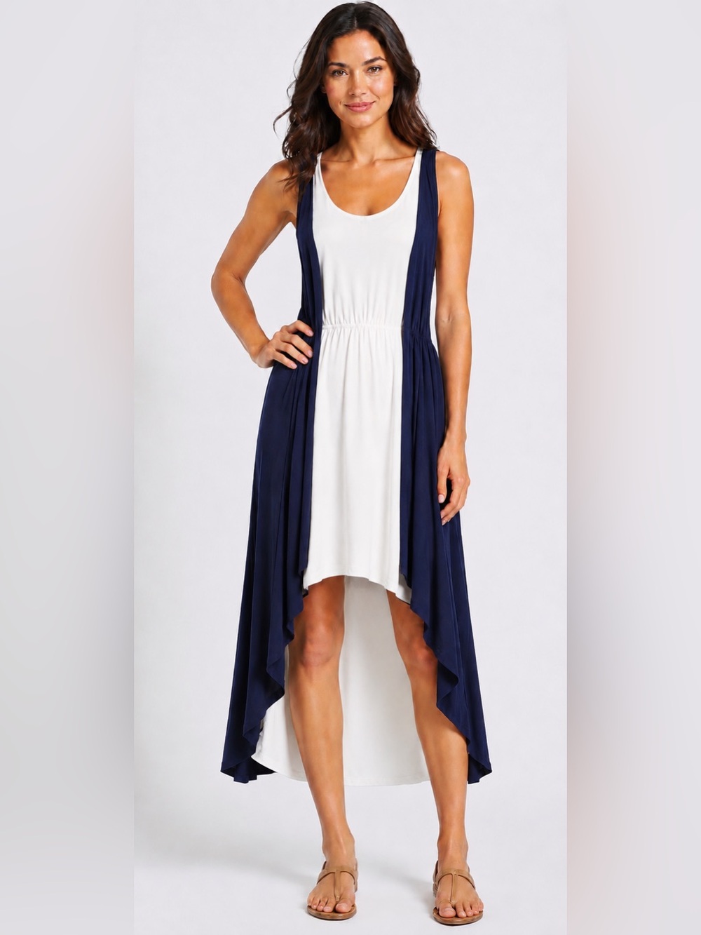 5th Love Hi-Low Tank Dress-Blue/Ecru